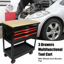 3 DRAWERS MULTIFUNCTIONAL TOOL CART WITH WHEELS AND WOODEN TOP