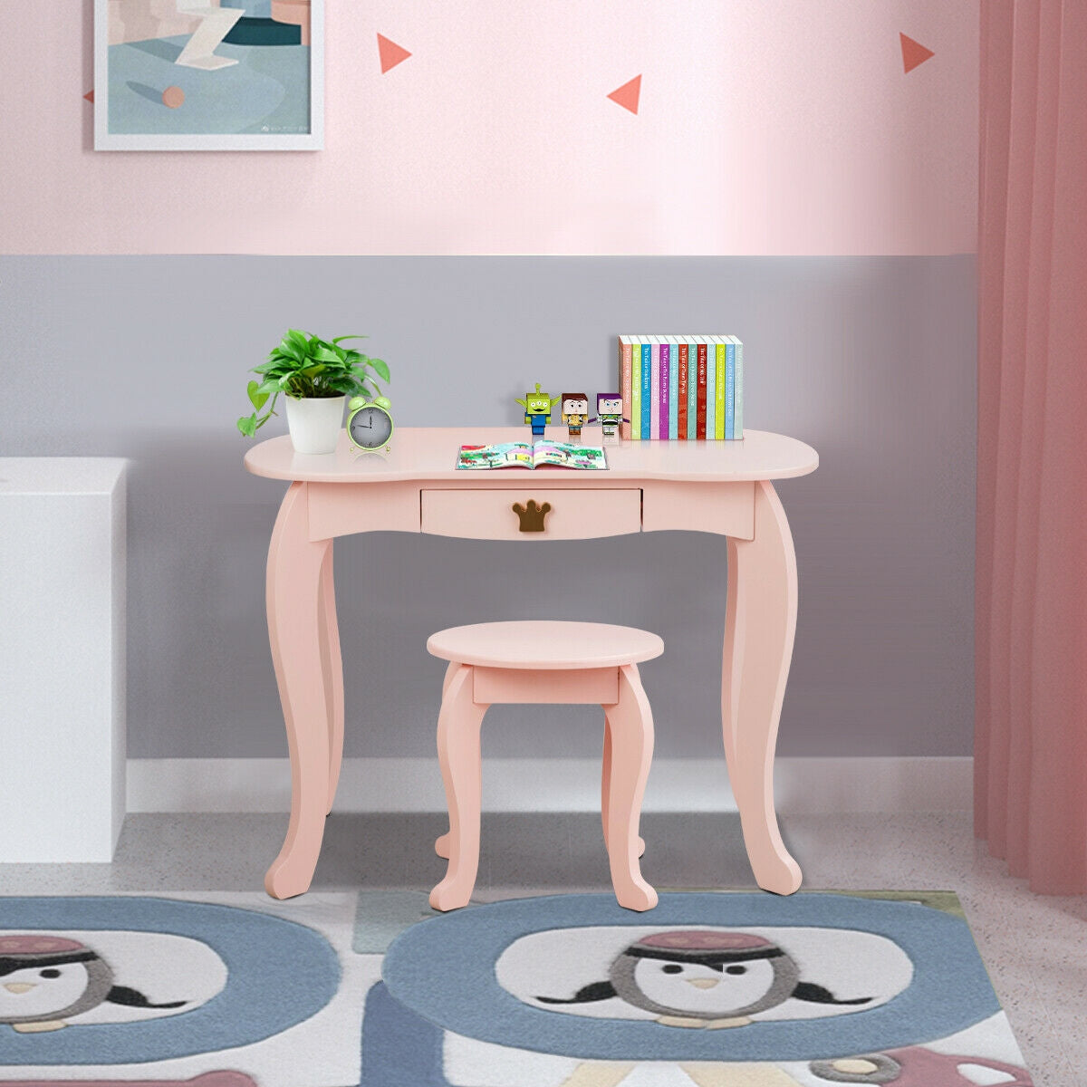Kids Makeup Dressing Table with Tri-folding Mirror and Stool-Pink, photo 8 of 8