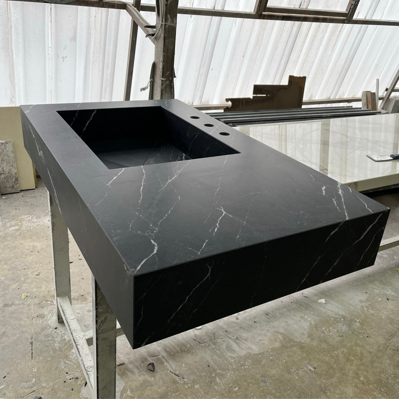 Nero Marquina Black Marble Look Engineered Porcelain Bathroom Sink - Hand-Crafted, photo 3 of 13