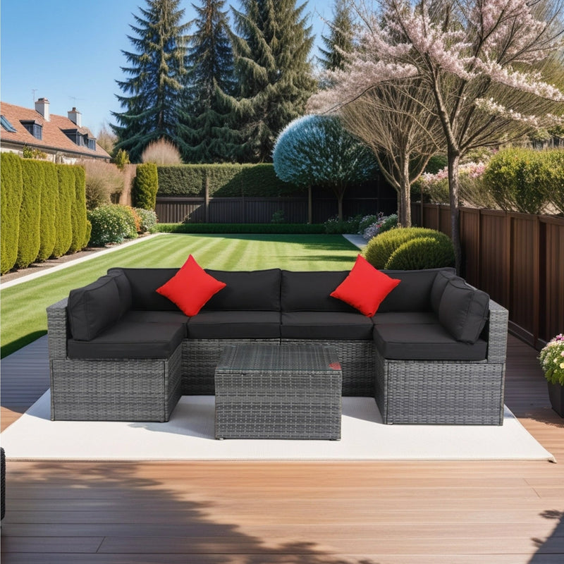 5 Pieces PE Rattan sectional Outdoor Furniture Cushioned U Sofa set with 2 Pillow Grey wicker + Black Cushion