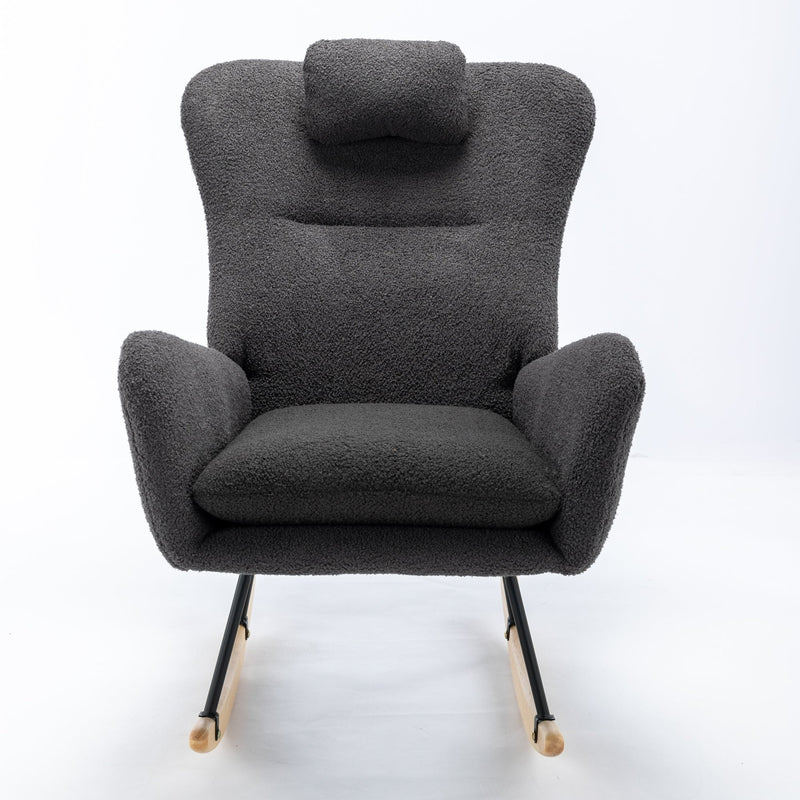 35.5 inch Rocking Chair with Pocket, Soft Teddy Fabric Rocking Chair for Nursery, Comfy Wingback Glider Rocker with Safe Solid Wood Base for Living Room Bedroom Balcony (greg)