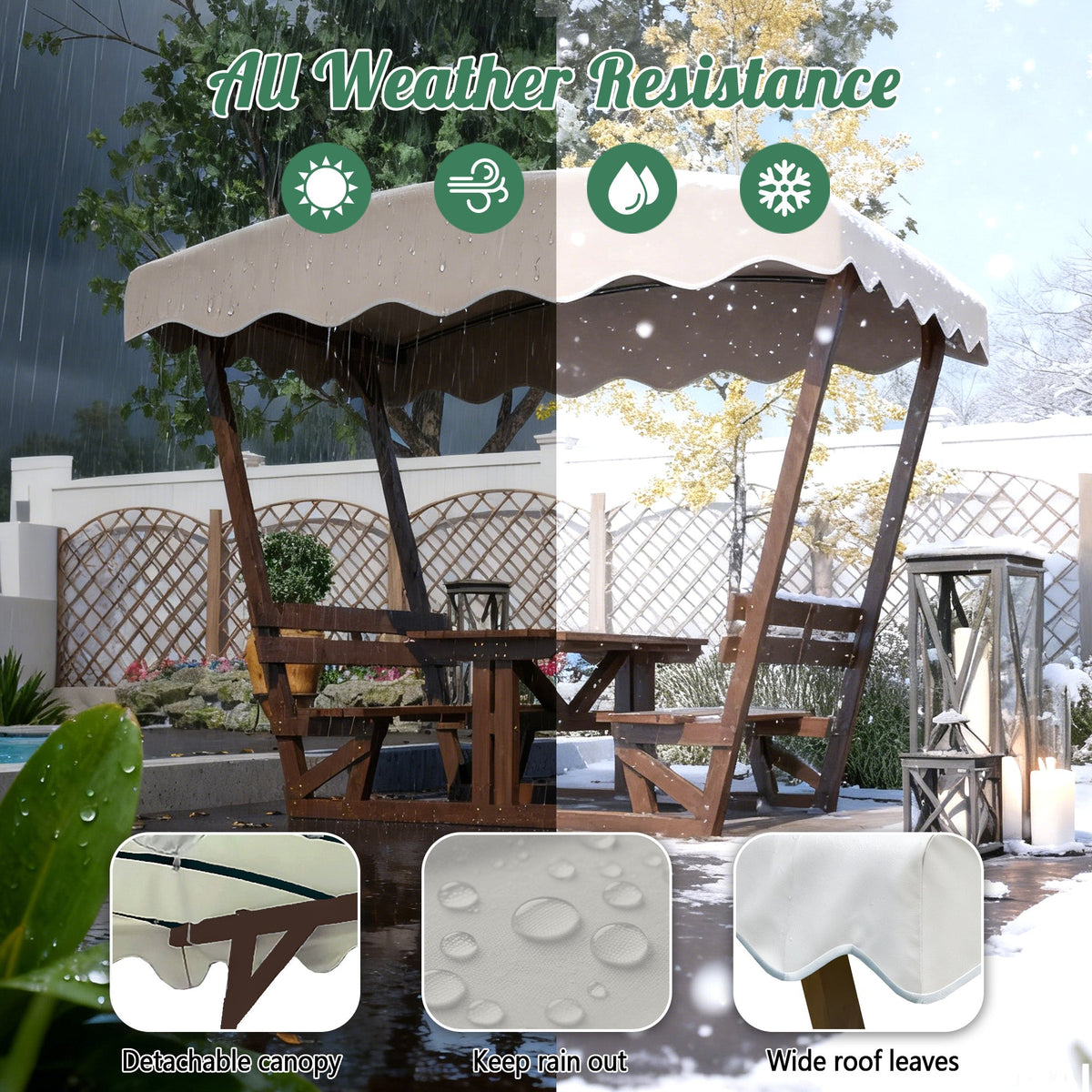 Outdoor Waterproof Solid Wood Picnic Table and Bench Set with Removable Canopy, photo 5 of 10