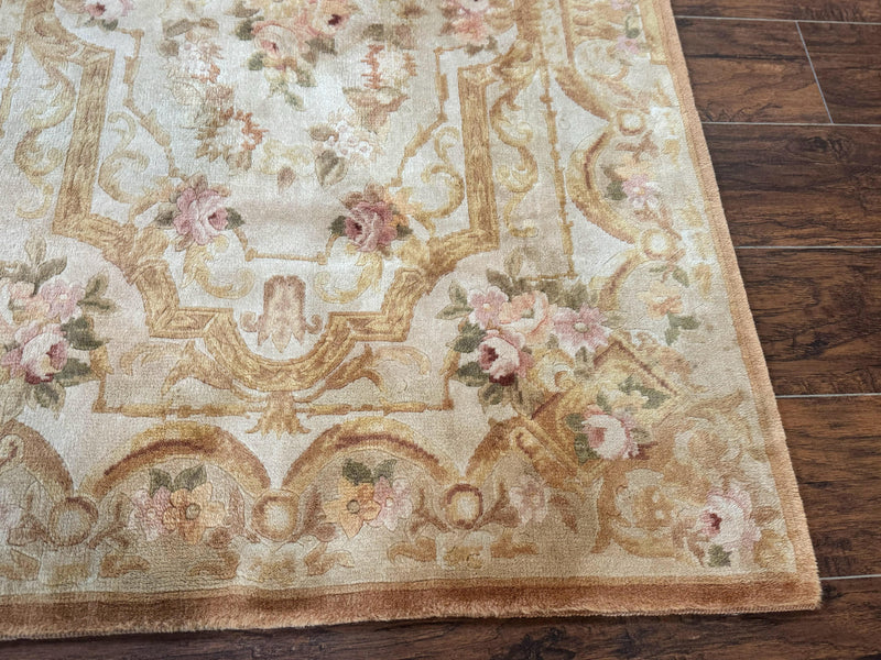 Chinese Aubusson Rug 3.6 x 5, Beige and Gold, Handmade Vintage Elegant European Design Carpet, Plush Wool, Handmade