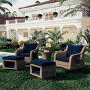 5 Pieces Outdoor Patio Furniture Set with Pet House Cool Bar and Retractable Side Tray, Rattan Wicker Patio Swivel Rocking Chairs Set of 2 with Ottomans for Backyard, Porch, Balcony, Navy Blue