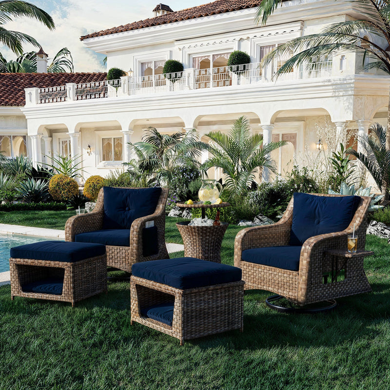 5 Pieces Outdoor Patio Furniture Set with Pet House Cool Bar and Retractable Side Tray, Rattan Wicker Patio Swivel Rocking Chairs Set of 2 with Ottomans for Backyard, Porch, Balcony, Navy Blue