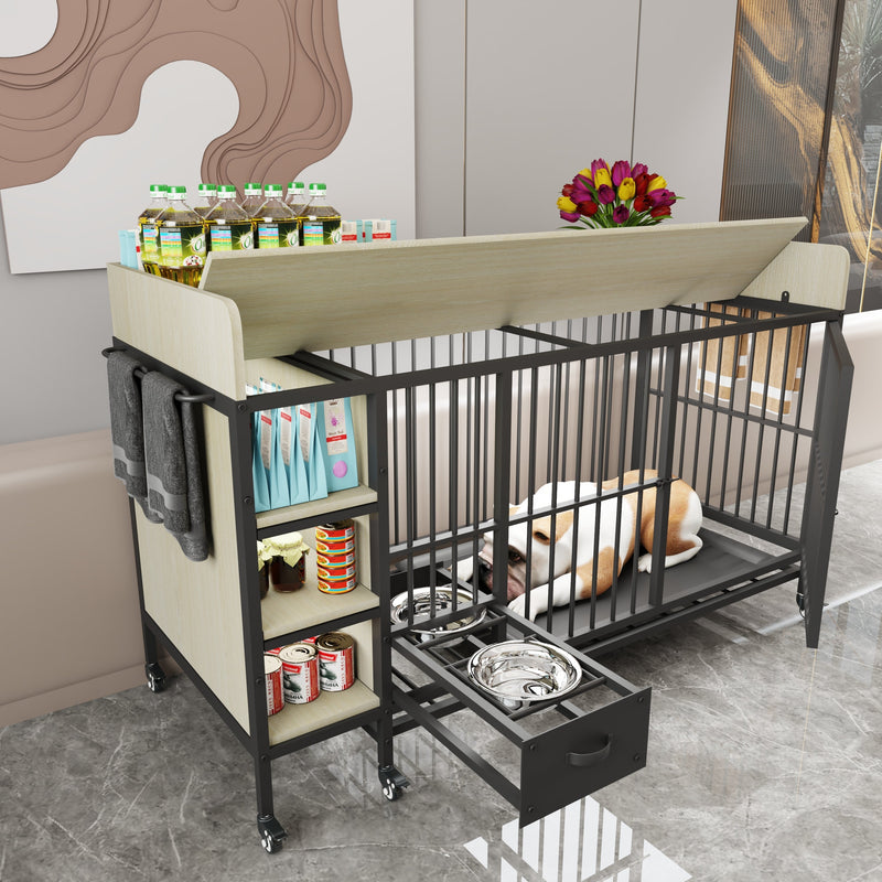 Large pet cage with storage rack, drawers with stainless steel food and water basin, made of iron frame and MDF material, sturdy, exquisite, and practical (black+beige)