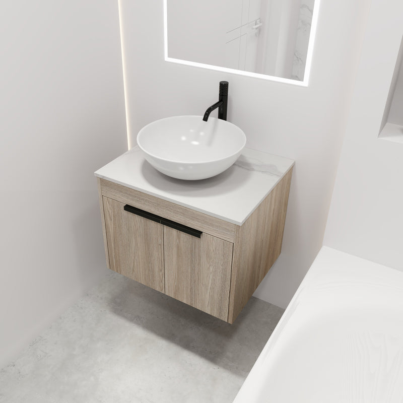 24" Modern Design Float Bathroom Vanity With Ceramic Basin Set, Wall Mounted White Oak Vanity With Soft Close Door, KD-PackingD-Packing Pieces