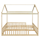 Double Twin House-Style Floor Bed with Fence, Guardrails, without door, Natural(Old Sku:W504P143318)
