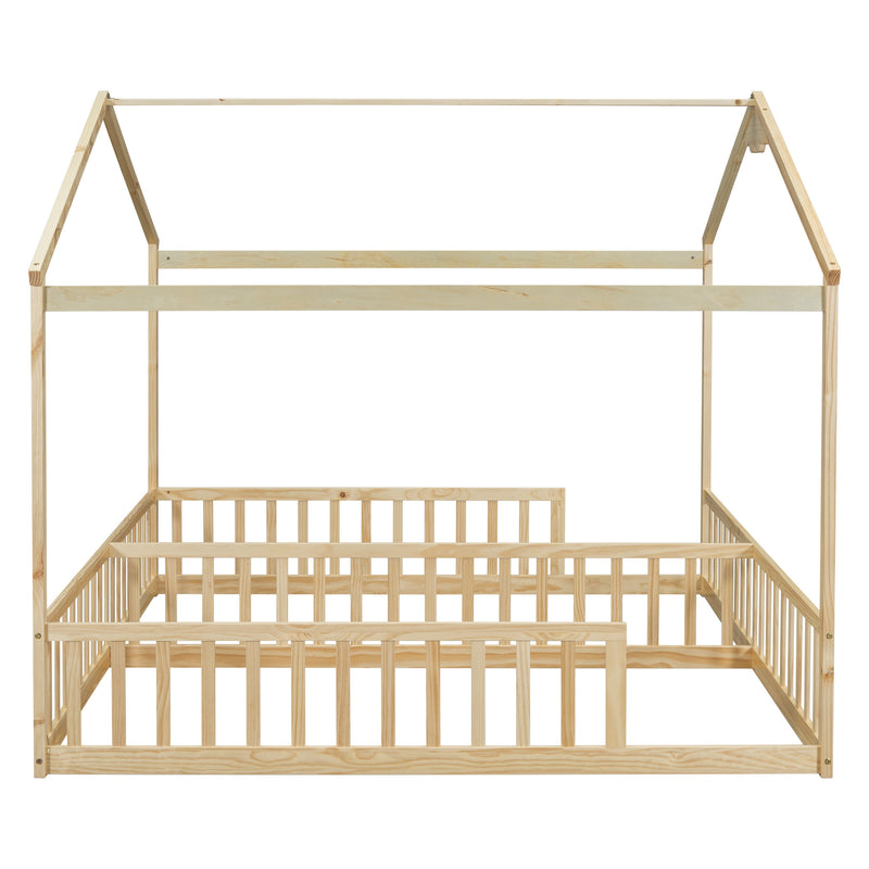 Double Twin House-Style Floor Bed with Fence, Guardrails, without door, Natural(Old Sku:W504P143318)