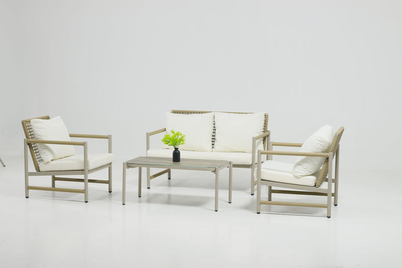 4 Pieces Patio Furniture Set, PE Rattan Wicker 4 Pcs Outdoor Sofa Set w/Washable Cushion and Tempered Glass Tabletop, Conversation Furniture for Garden Poolside Balcony