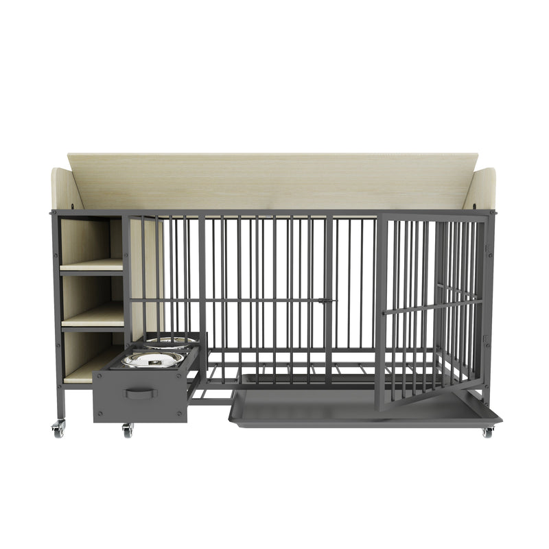 Large pet cage with storage rack, drawers with stainless steel food and water basin, made of iron frame and MDF material, sturdy, exquisite, and practical (black+beige)