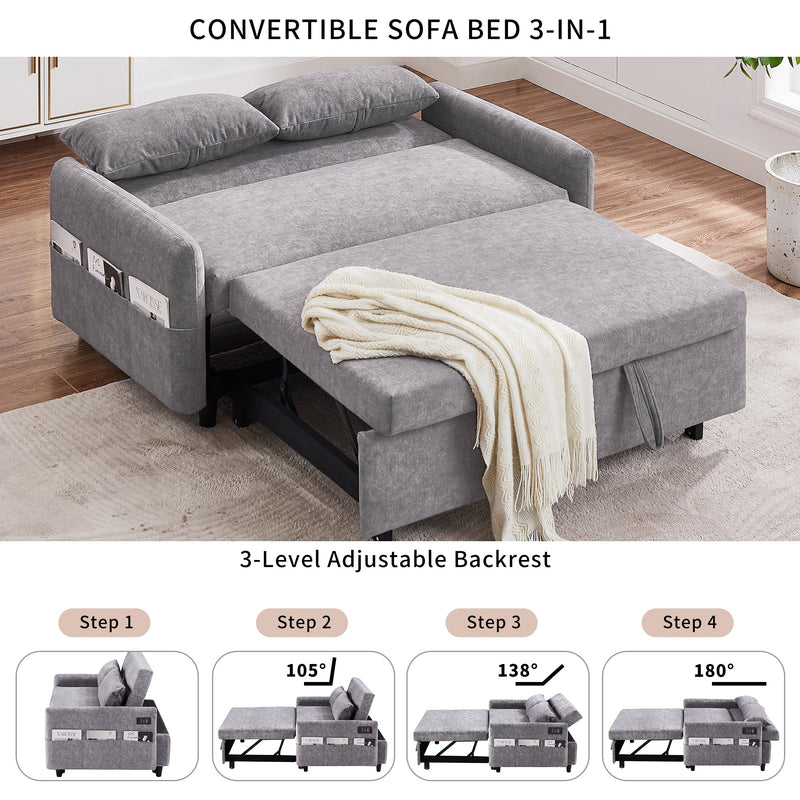 55.1" Pull Out Sleep Sofa Bed Loveseats Sofa Couch with Adjustable Backrest, Storage Pockets, 2 Soft Pillows, USB Ports for Living Room, Bedroom, Apartment, Office,Grey