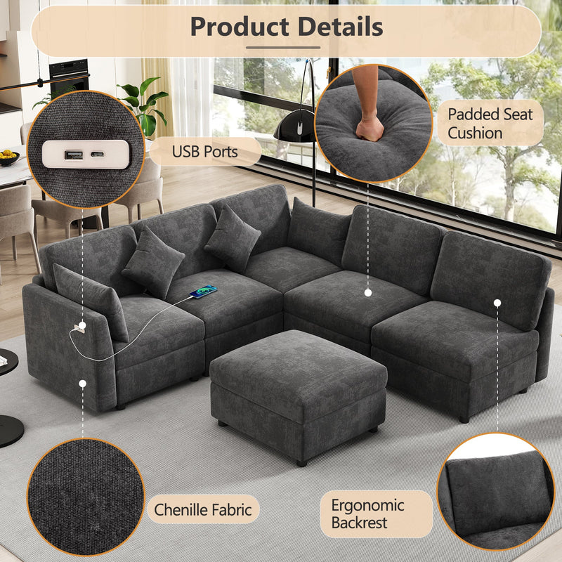 85.4' Sectional Sofa Modular Sofa U-shaped Sofa Couch Sofa Bed L-shaped Sofa with a Movable Ottoman and Two USB Ports for Living Room, Black