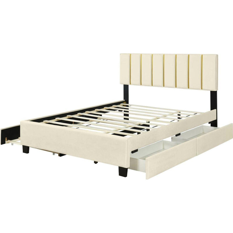 Queen Size Upholstered Platform Bed with 2 Drawers and 1 Trundle, Classic Metal Strip Headboard Design, Beige
