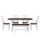 6-Piece Wood Dining Table Set Kitchen Table Set with Long Bench and 4 Dining Chairs, Farmhouse Style, Walnut+White