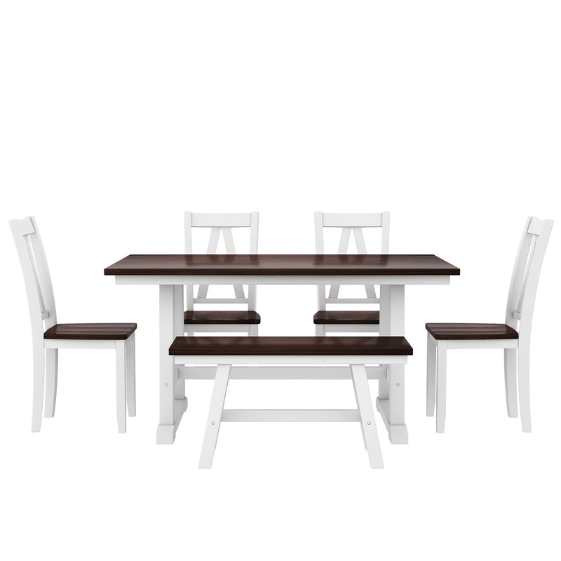 6-Piece Wood Dining Table Set Kitchen Table Set with Long Bench and 4 Dining Chairs, Farmhouse Style, Walnut+White