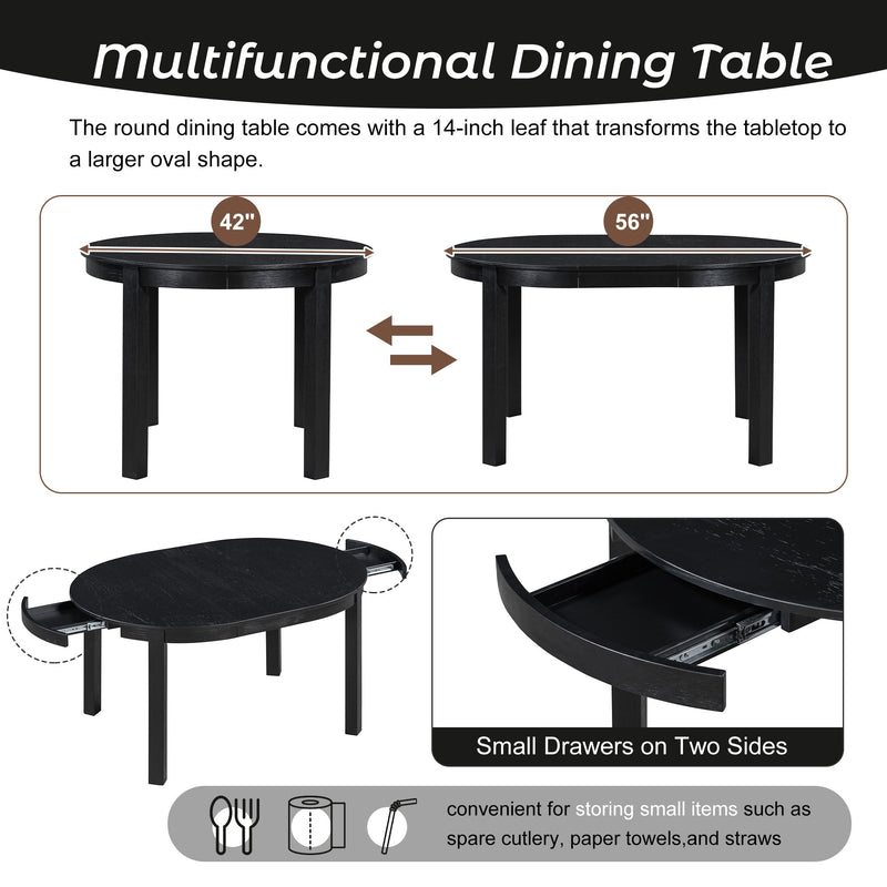 5-Piece Multifunctional Dining Table Set, Farmhouse Dining Set with Extendable Round Table,Two Small Drawers and 4 Upholstered Dining Chairs for Kitchen and Dining Room (Black)