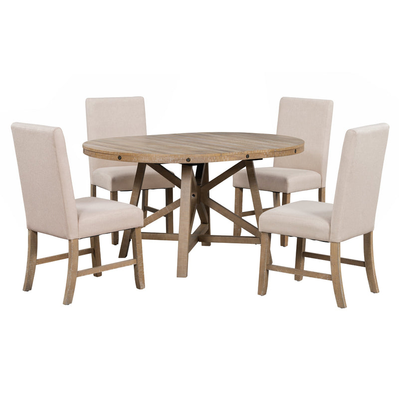 5-Piece Retro Functional Dining Set with Extendable Round Table with Removable Middle Leaf and 4 Upholstered Chairs for Dining Room and Living Room (Natural Wood Wash)