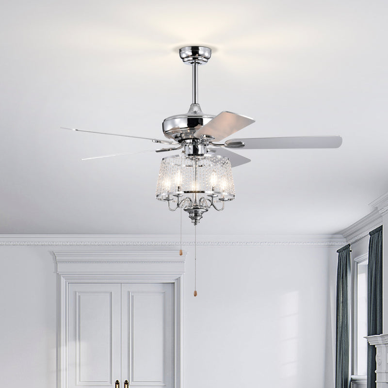 52 Inch Crystal Ceiling Fan, Modern Electrical Fan with 5 Wood Reversible Blades, 4 Bulbs Not Included,Noiseless Reversible AC Motor for Bedroom/Living Room/Study/Patio Home Decoration (Chrome)