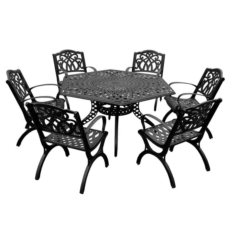Outdoor Aluminum 7pc Hexagon Patio Dining Set, Lazy Susan, Six Chairs