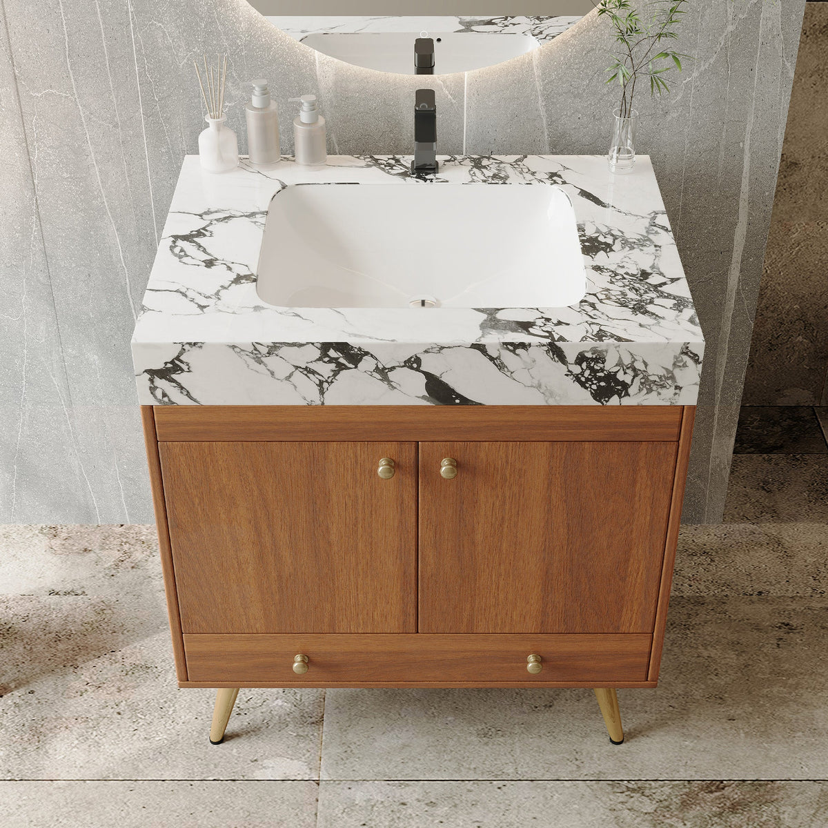 Mid-Century Free-Standing Bathroom Vanity with Faux Marble Top, photo 6 of 10