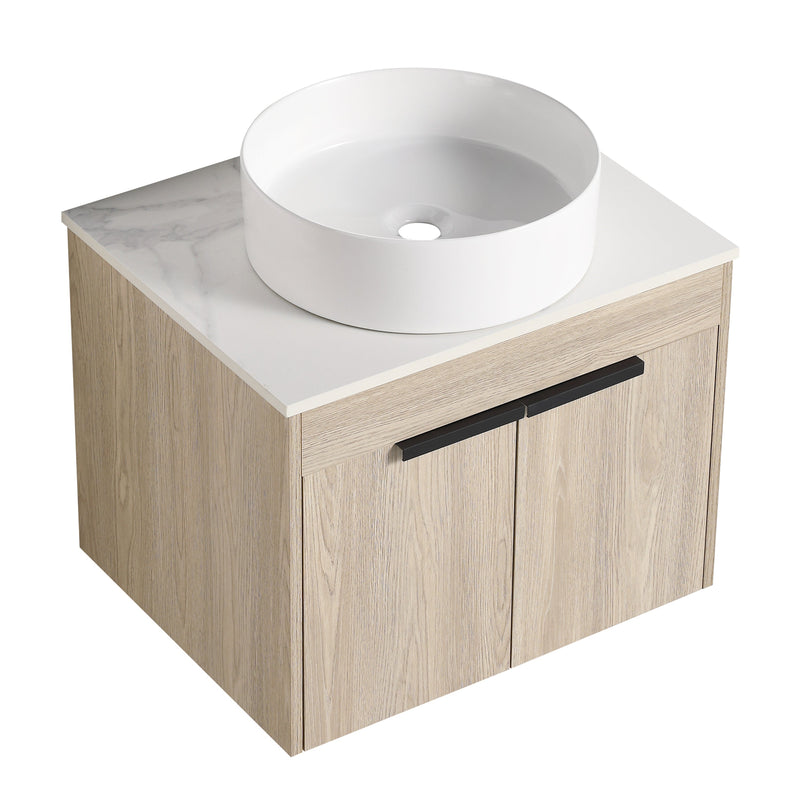 24 " Modern Design Float Bathroom Vanity With Ceramic Basin Set, Wall Mounted White Oak Vanity With Soft Close Door,KD-Packing,KD-Packing,2 Pieces Parcel(TOP