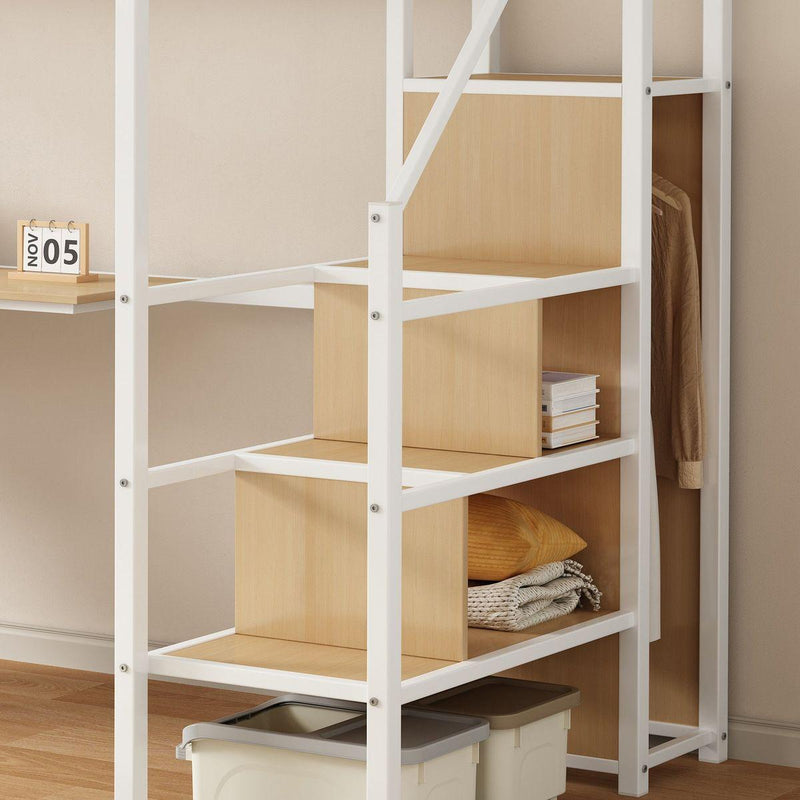 Twin Loft Bed with Desk and Storage Wardrobe, Heavy Duty Loft Bed with Stairs and Metal Grid, Twin Size Loft Bed, No Box Spring Needed, White Loft Bed Twin Size-White