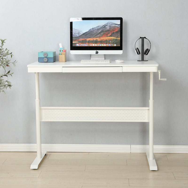 (White Tabletop) 48 x 24 InchesStanding Desk with Metal Drawer, Adjustable Height Stand up Desk, Sit Stand Home Office Desk, Ergonomic Workstation