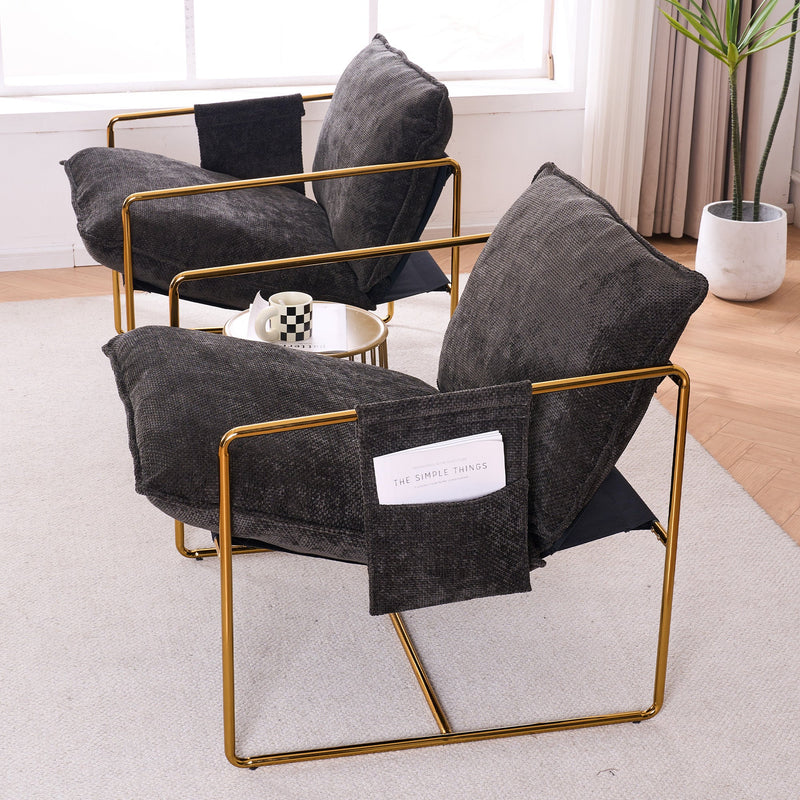 2 Sets 1 Case, Upholstered Hanging Armchair with Arm PocketsMetal frame, gold-plated craftsmanship, crushed foam cushions and skin-friendly woven fabric for living room and bedroom. Dark Gray