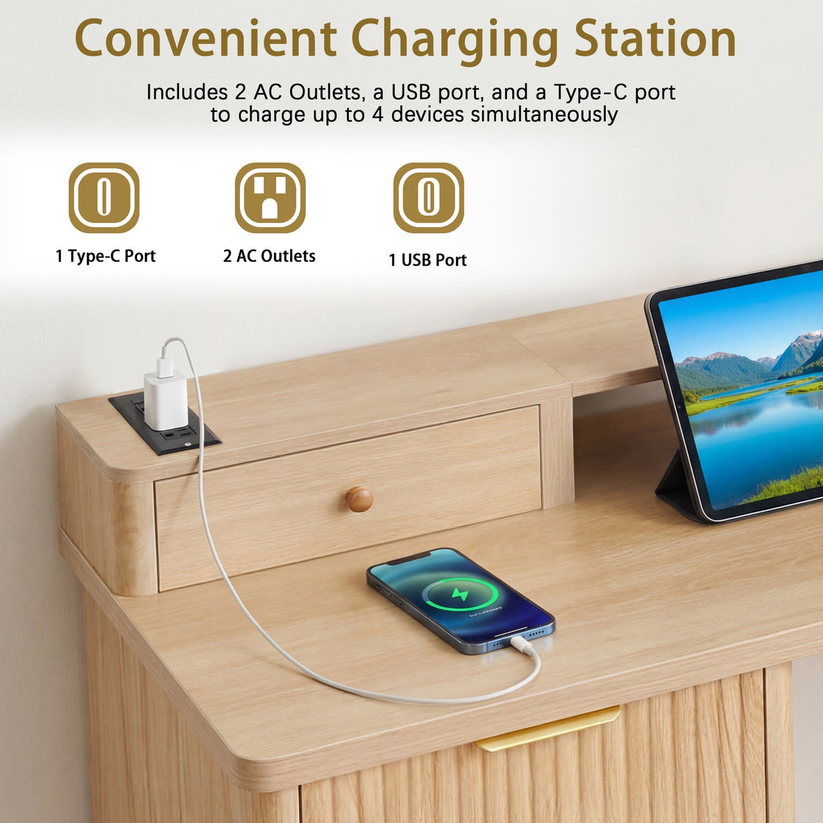 59" Modern Fluted L-Shaped Desk with Charging Station & Storage, photo 10 of 10