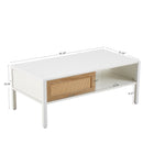 40.16" Rattan Coffee table, sliding door for storage, metal legs, Modern table for living room, white