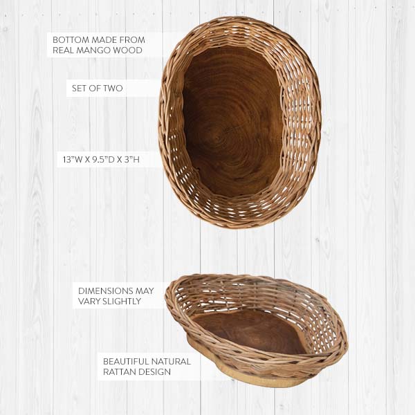 Hand-Woven Rattan & Mango Wood Live Edge Bowl, Set of 2