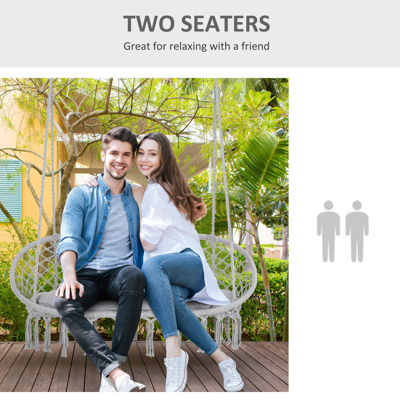 2-Person Hammock Chair Macrame Swing with Soft Cushion, Hanging Cotton Rope Chair for Indoor Outdoor Home Patio Backyard, Grey