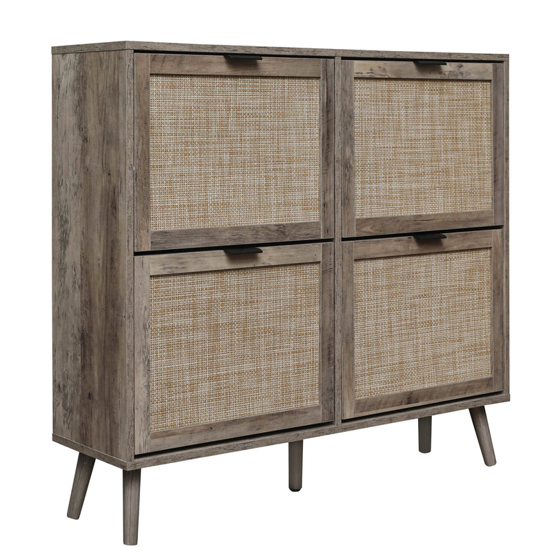 Walker Edison | Modern Rattan 4 Door Shoe Rack Cabinet for Entryway