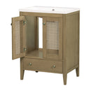 24" Bathroom Vanity with Ceramic Basin, Rattan Bathroom Storage Cabinet with Two Doors and Drawer, Solid Frame, Natural