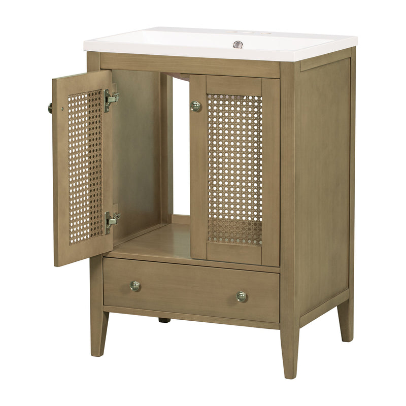 24" Bathroom Vanity with Ceramic Basin, Rattan Bathroom Storage Cabinet with Two Doors and Drawer, Solid Frame, Natural