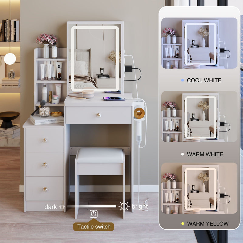 Cabinet Vanity Table & Cushioned Stool, USB Power Station, Hair Dryer Bracket - White, photo 3 of 12