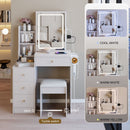 Cabinet Vanity Table & Cushioned Stool, USB Power Station, Hair Dryer Bracket - White