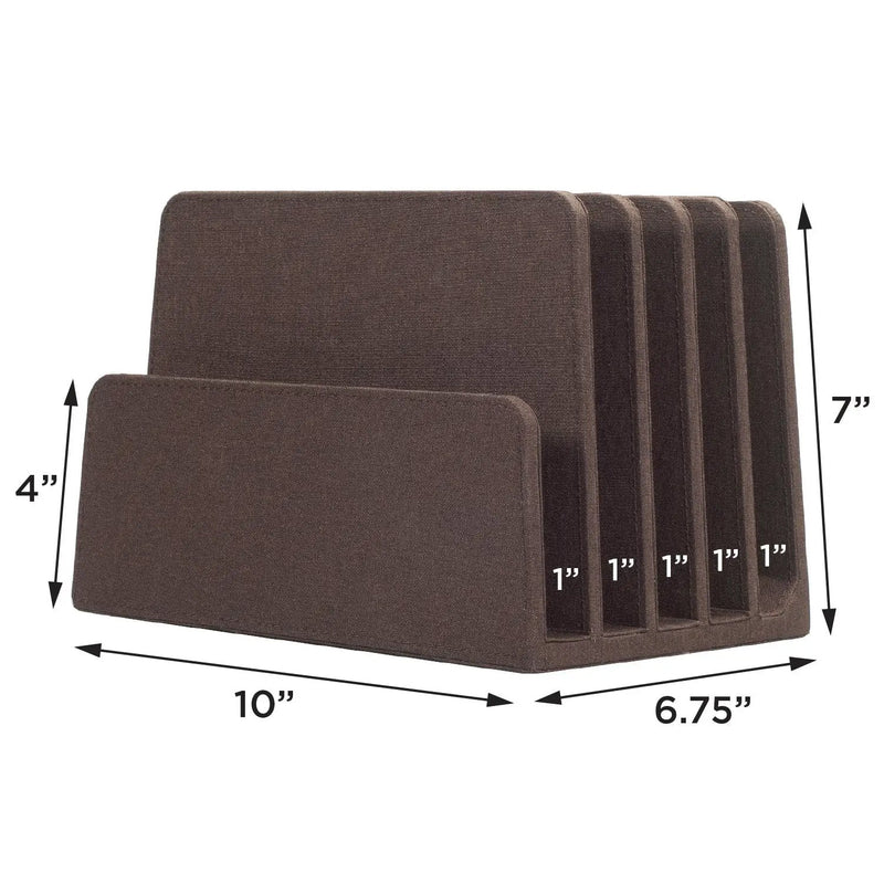 Executive Desk Organizer & Sorter – 5-Slot Dark Brown Wood File Holder for Laptops, Tablets, and Documents, dimensions drawing