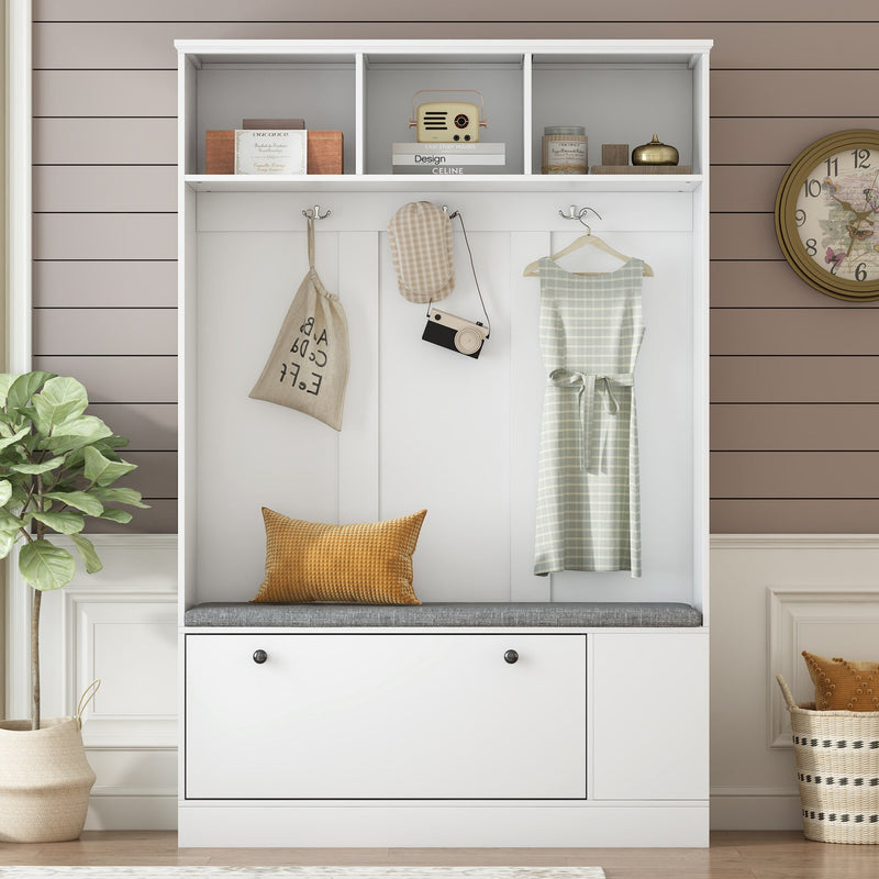 5-in-1 Entryway Bench with Coat Rack, Cushion and 3 Sturdy Hooks, 47.2" Wide Hall Tree with Shoe Storage Bench for Hallway, Entryway, Living Room