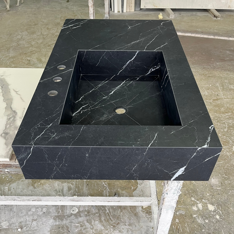Nero Marquina Black Marble Look Engineered Porcelain Bathroom Sink - Hand-Crafted, photo 9 of 13