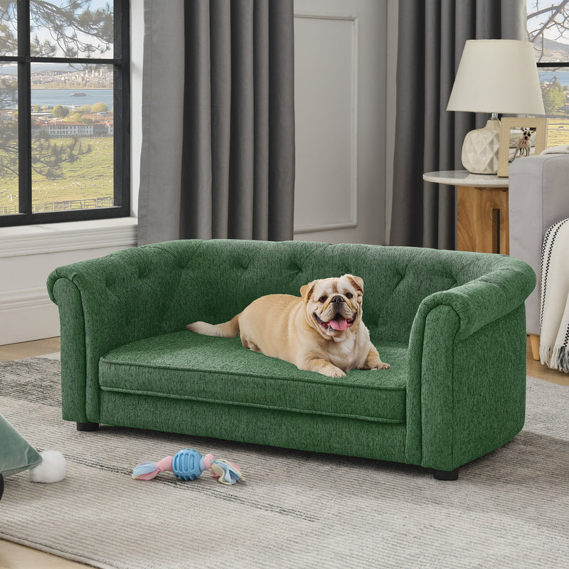 Contemporary Pet Sofa with Arc-Shaped Backrest and Armrests, Breathable Linen, Soft Cushion, Green, 38'x22'x15'