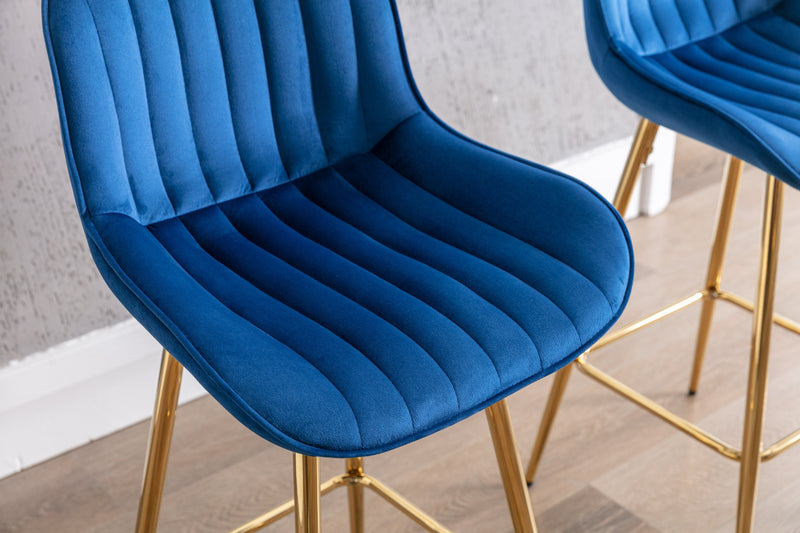 26 Inch Set of 2 Bar Stools, with Steel Frame Footrest Velvet Fabric Golden Leg Simple Bar Stool, BLUE