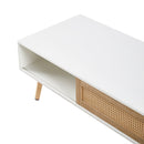 41.34" Rattan Coffee table, sliding door for storage, solid wood legs, Modern table for living room, White