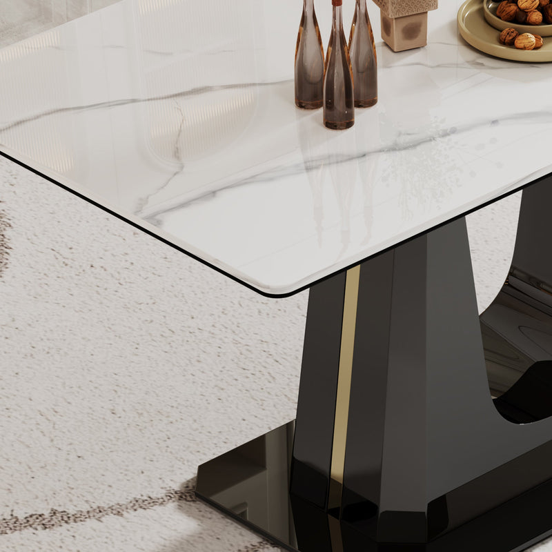 0.47" Thick Sintered Stone Composite Tempered Glass Top Rectangular Dining Table with Black Stainless Steel Base