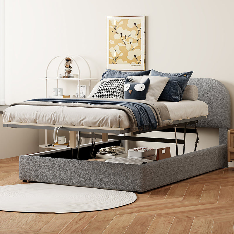 Walker Edison - Teddy Fleece Full  Size Upholstered Platform Bed with Hydraulic Storage System, Gray