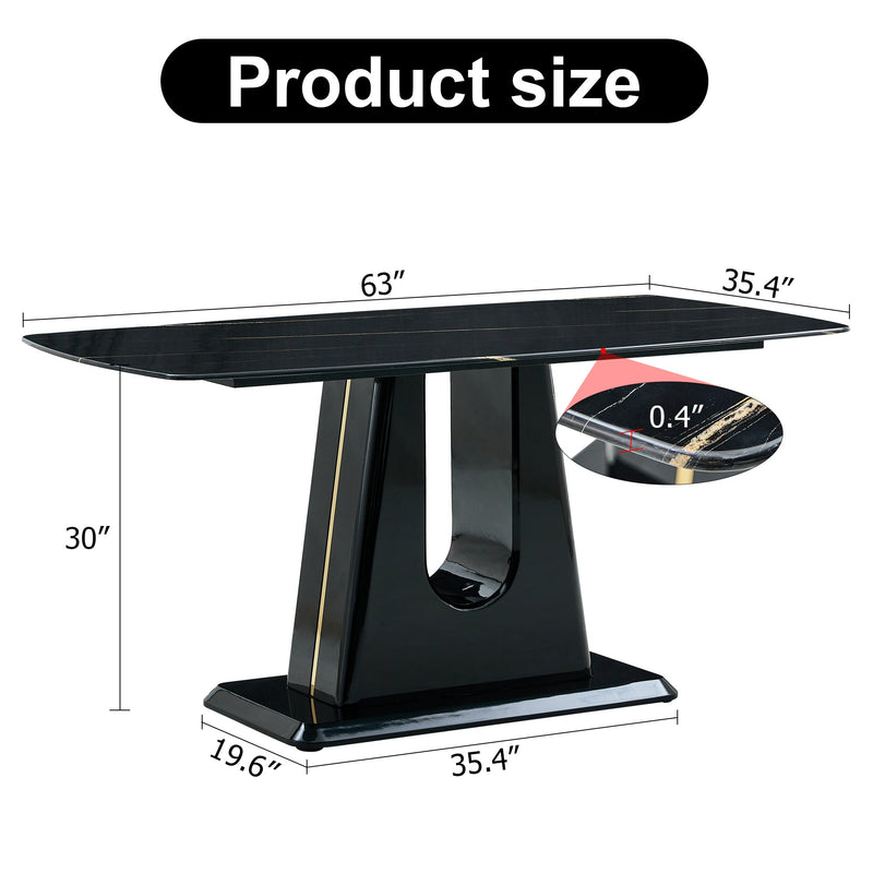 A modern, minimalist, and luxurious table. A black imitation marble tabletop with MDF U-shaped legs. Dining table, computer table. For restaurants and living rooms 63" x 35.4"x 30" F-U