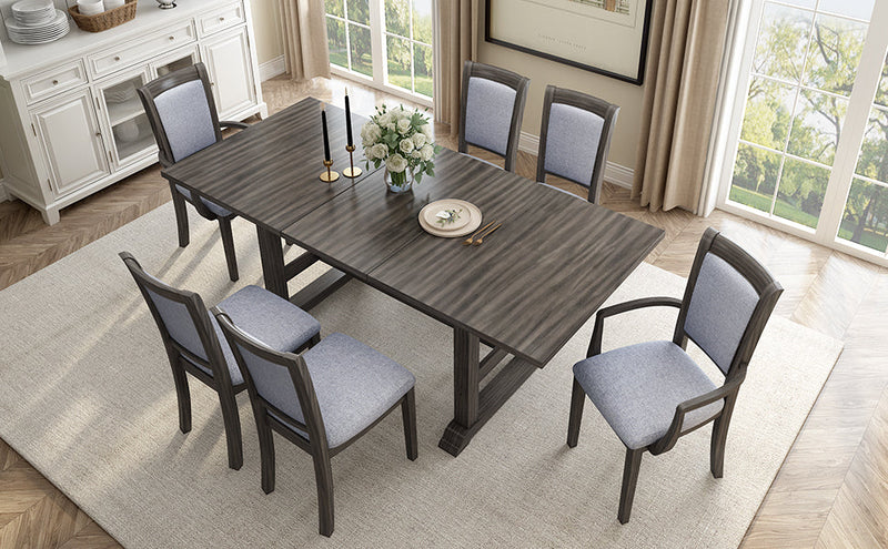7-Piece Updated 76.9inch Extendable Trestle Dining Table Set with Removable Leaf, Kitchen Table Set with Upholstered Side Chair and Arm Chair, Set of 6, Grey