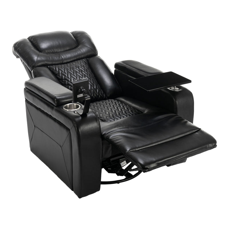 270 Degree Swivel PU Leather Power Recliner Individual Seat Home Theater Recliner with Comforable Backrest, Tray Table, Phone Holder, Cup Holder, USB Port, Hidden Arm Storage for Living Room, Black