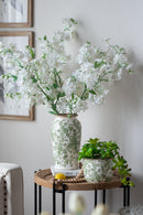 6.5x6.5x11.6 White Ceramic Flower Vase with Green Floral Pattern by HouseOfZazla